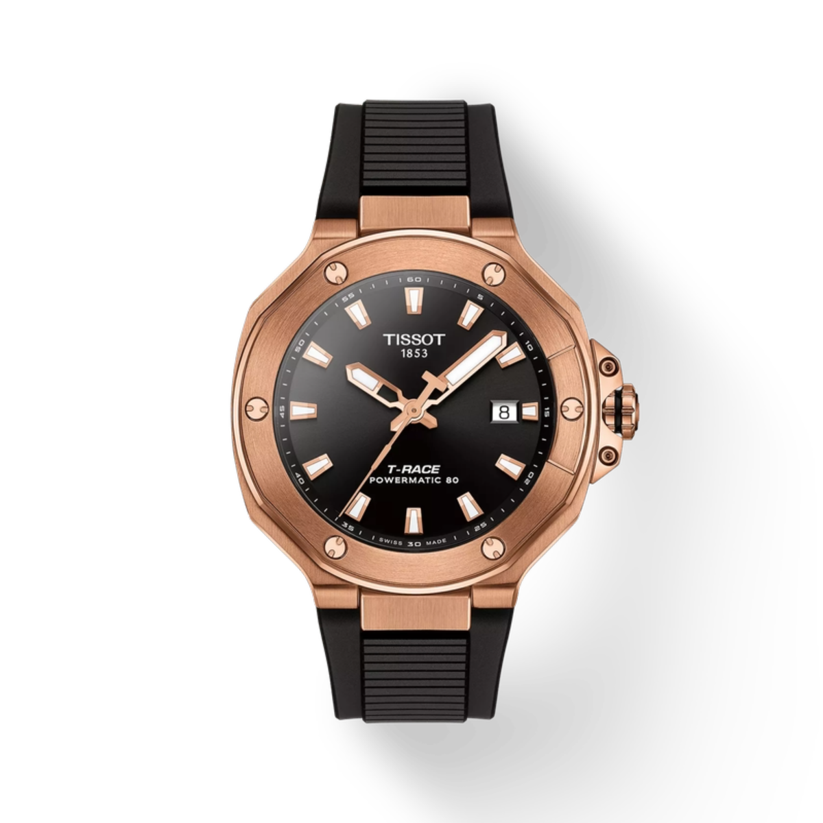 Tissot watch with black strap and rose gold case on white background