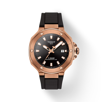 Tissot watch with black strap and rose gold case on white background