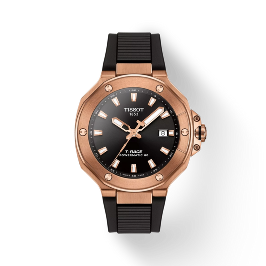 Tissot watch with black strap and rose gold case on white background