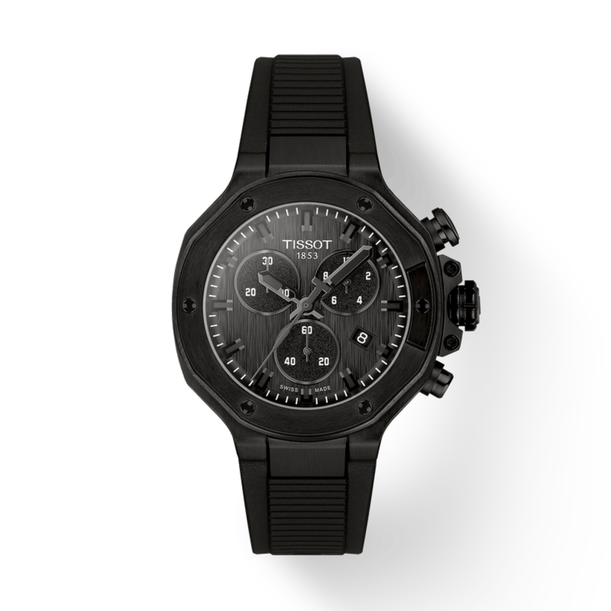 Black Tissot watch on a white background