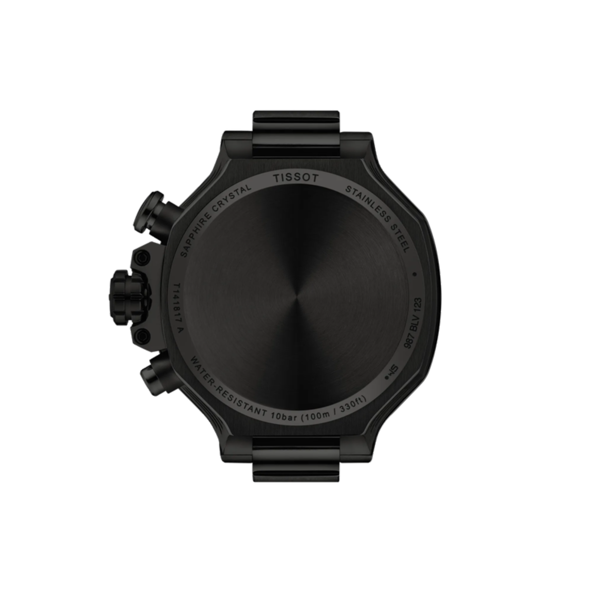 Black Tissot watch face on a white background