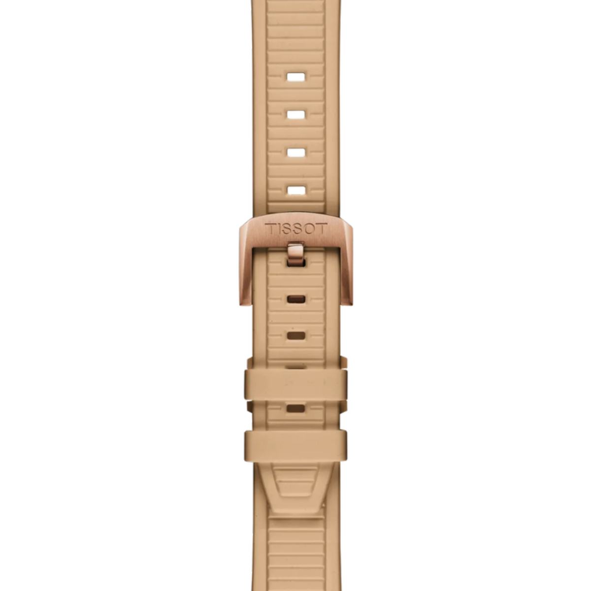 Beige watch strap with Tissot logo on a white background