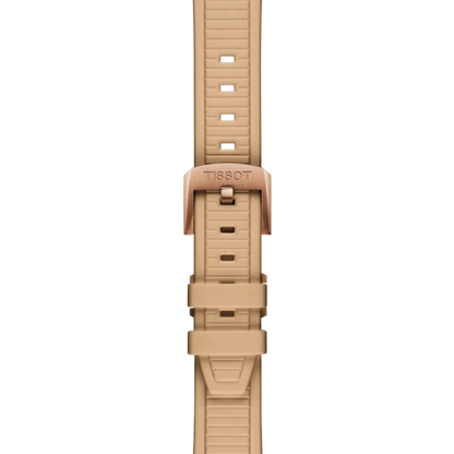 Beige watch strap with Tissot logo on a white background