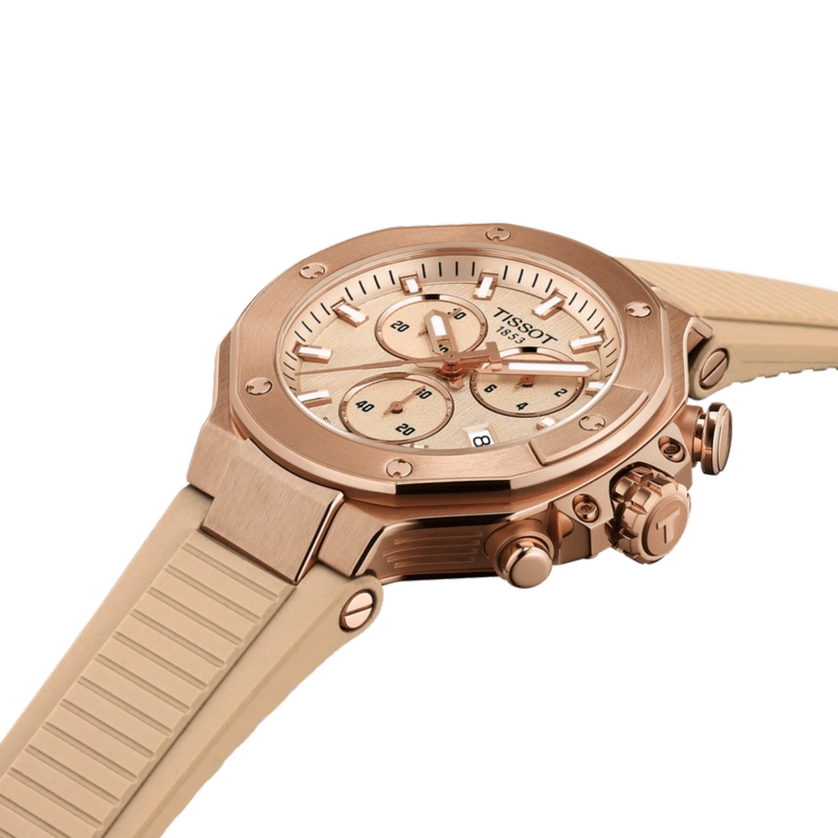 Rose gold Tissot watch on a white background