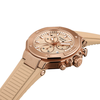 Rose gold Tissot watch on a white background