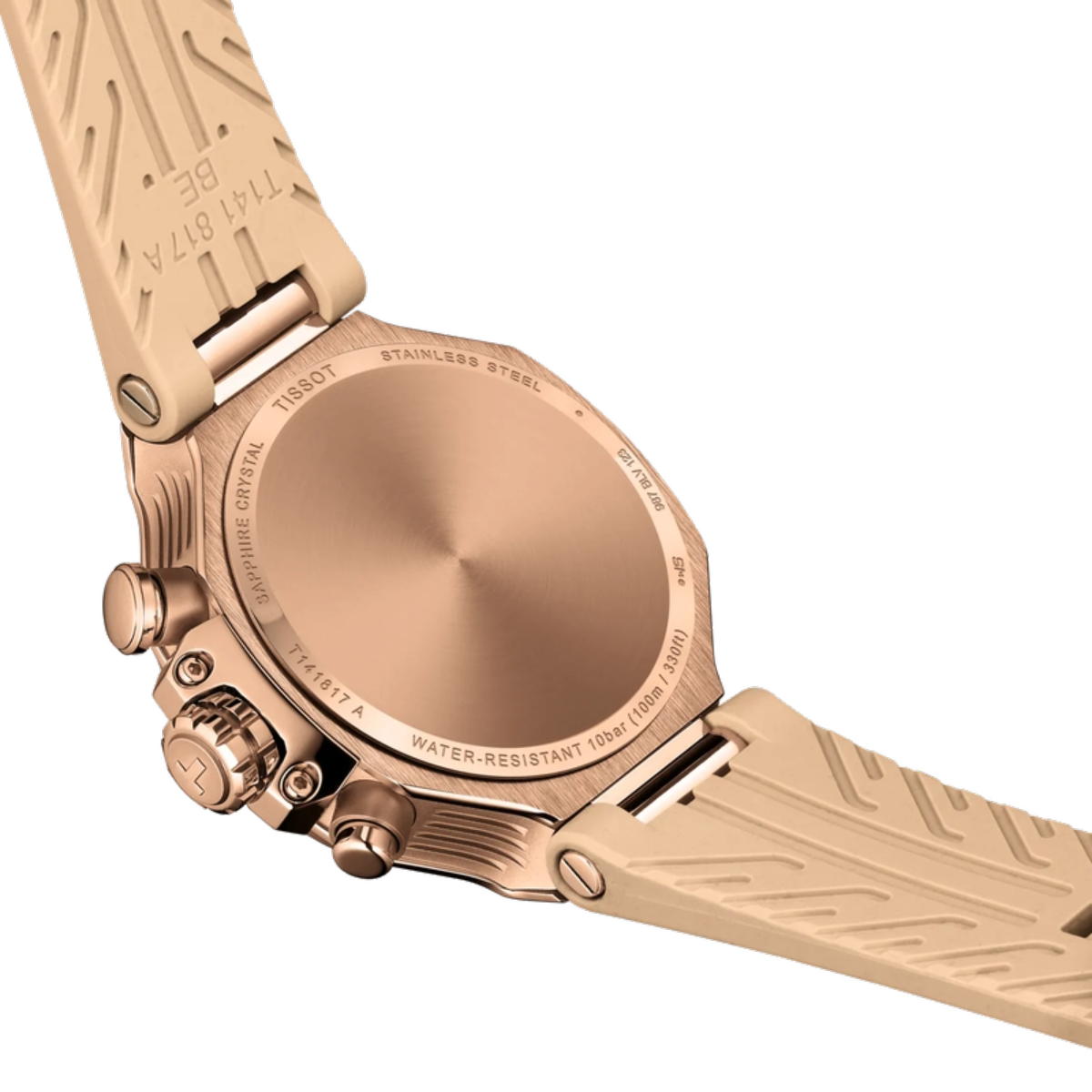 Rose gold watch with detailed case and strap on a white background