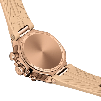 Rose gold watch with detailed case and strap on a white background