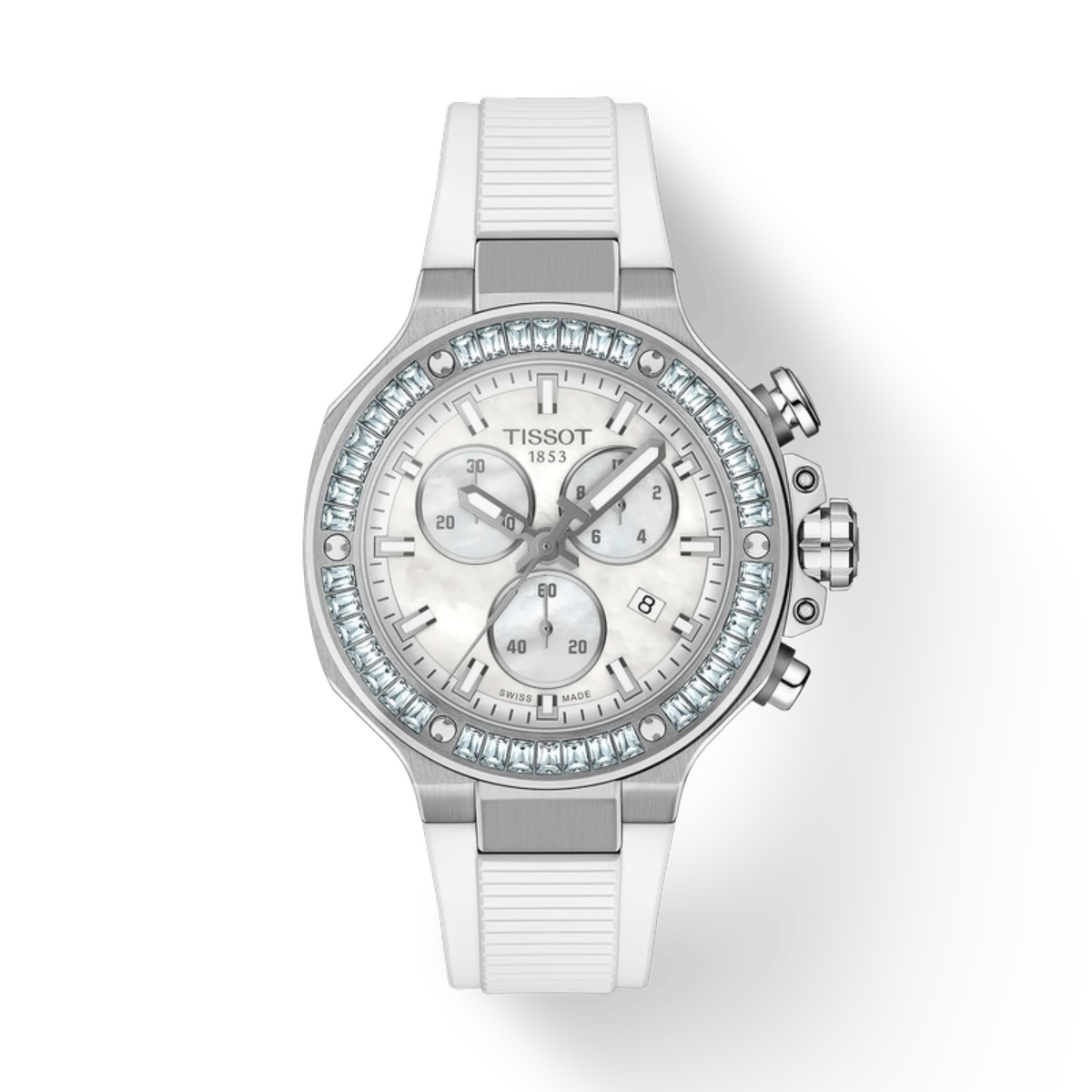 Tissot watch with white strap and silver case on a white background