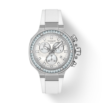 Tissot watch with white strap and silver case on a white background