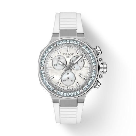 Tissot watch with white strap and silver case on a white background