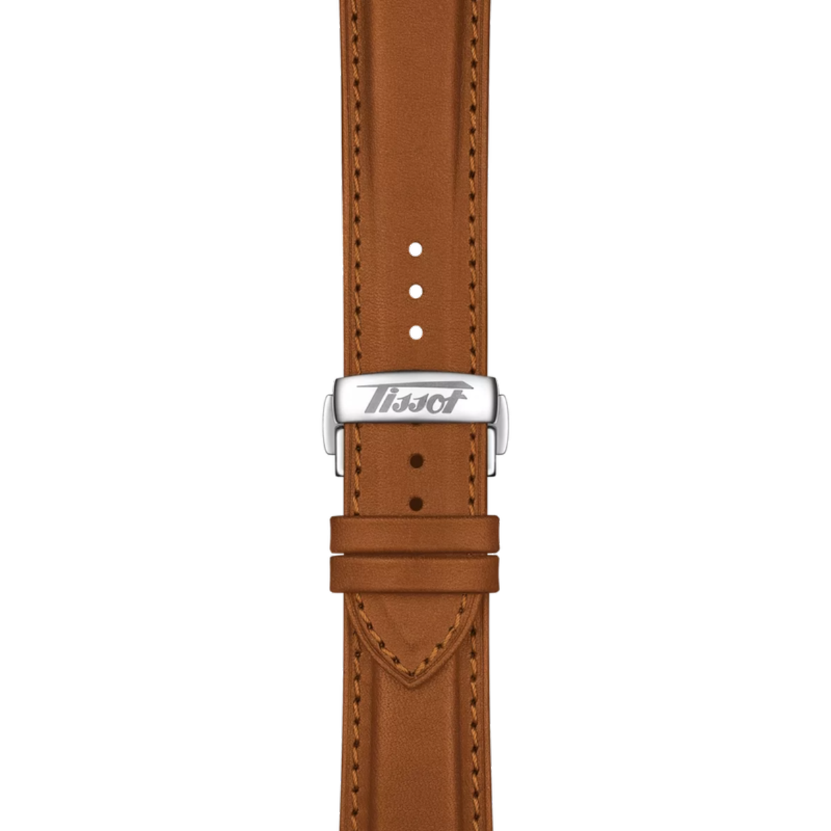 Brown leather watch strap with silver buckle on a white background