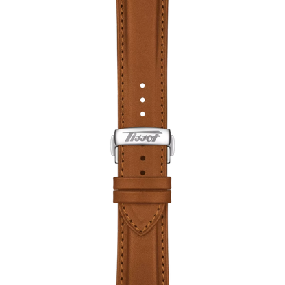 Brown leather watch strap with silver buckle on a white background