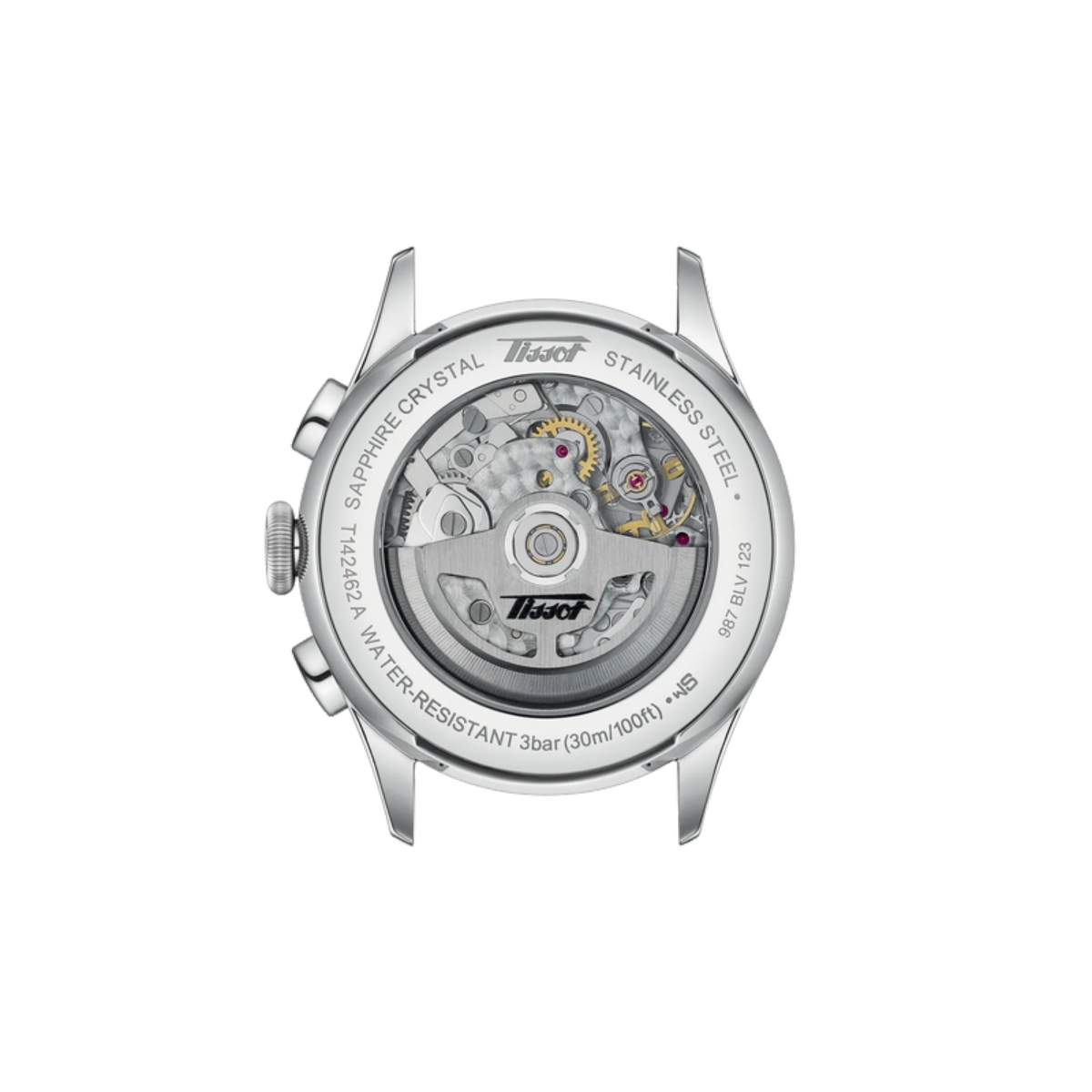 Watch mechanism with Tissot branding on a white background