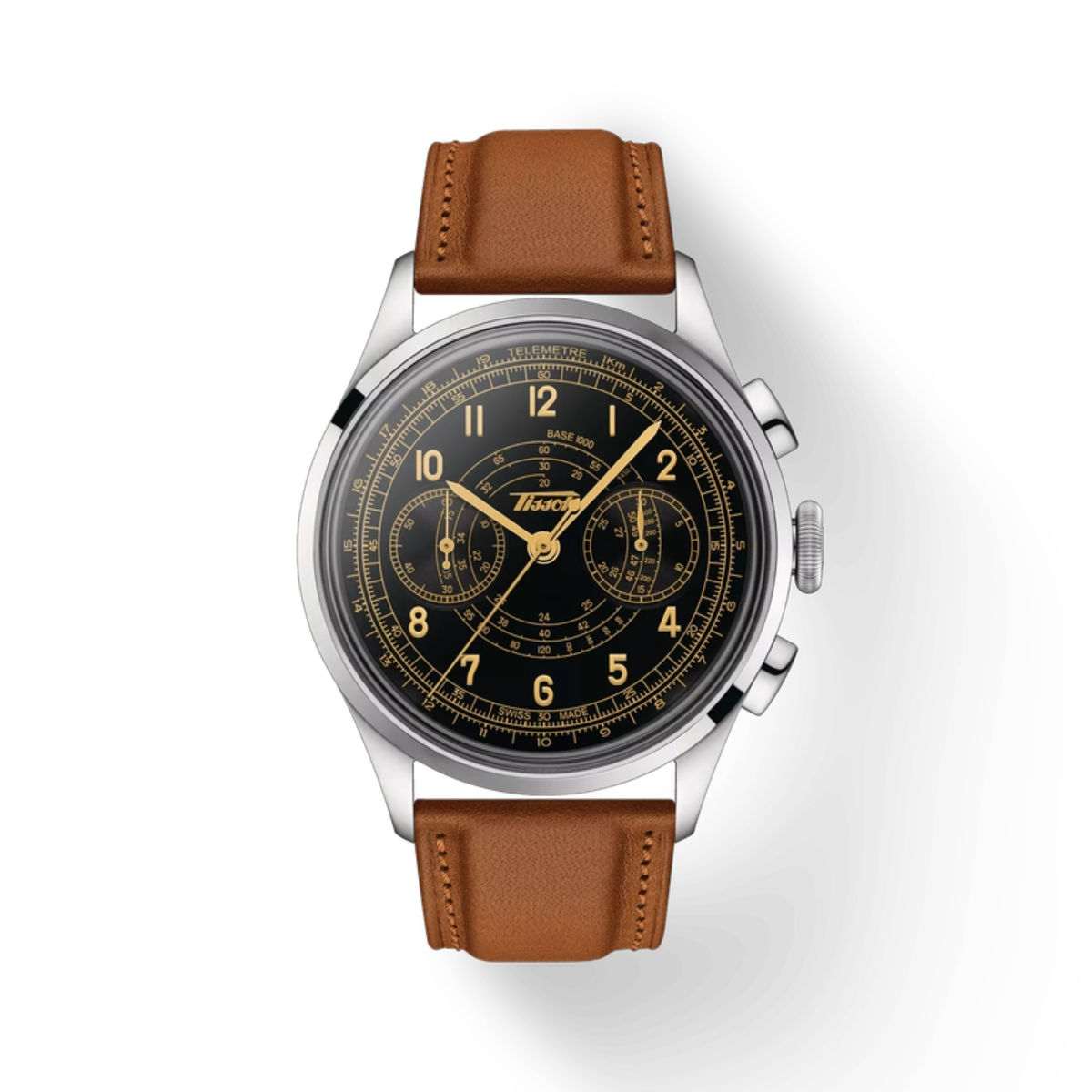 Watch with brown leather strap and black dial on a white background