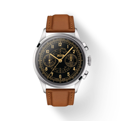 Watch with brown leather strap and black dial on a white background