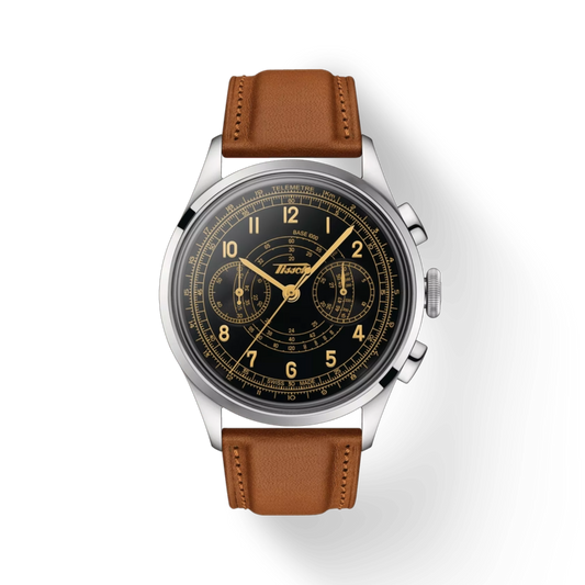 Watch with brown leather strap and black dial on a white background