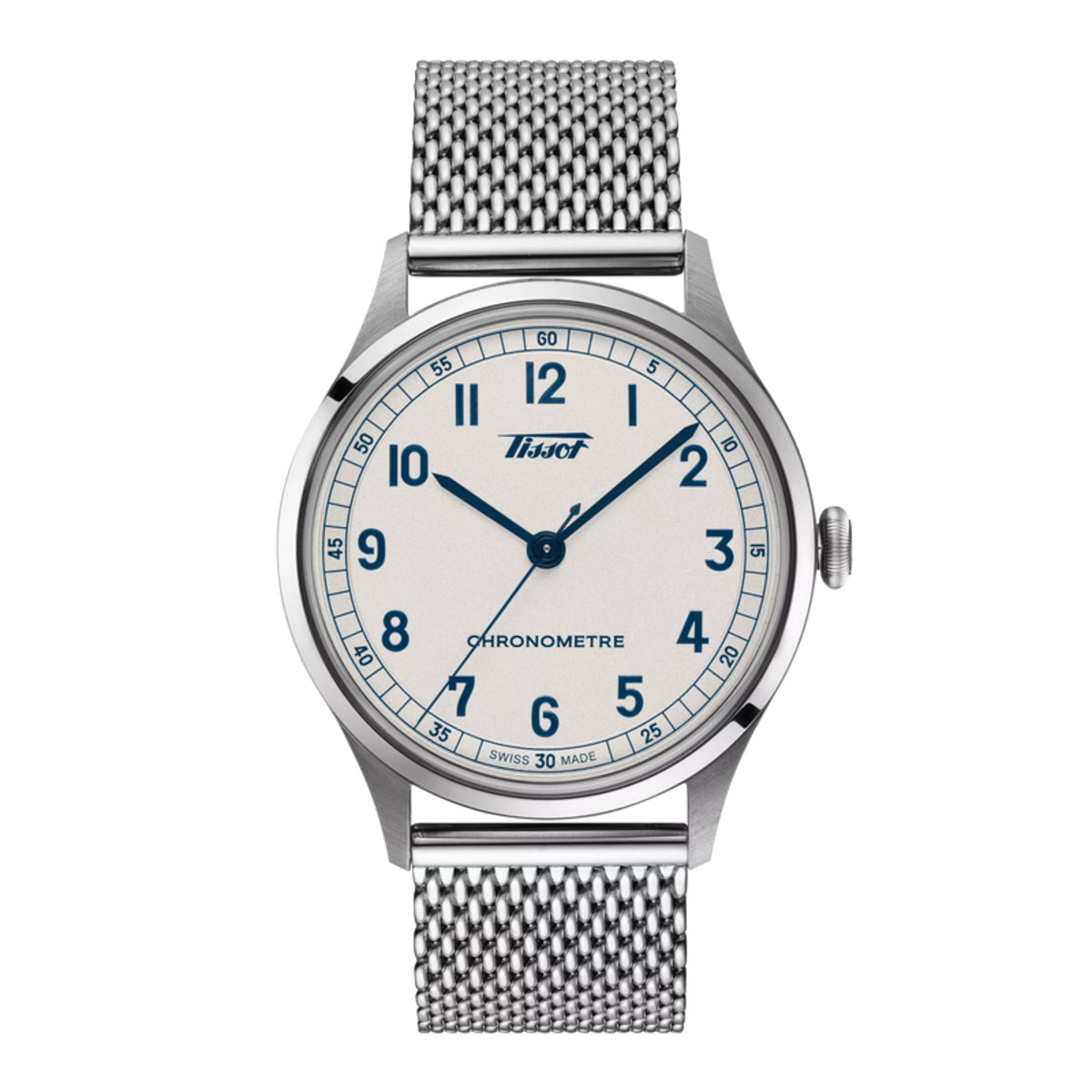 Silver watch with a white face and blue hands on a white background