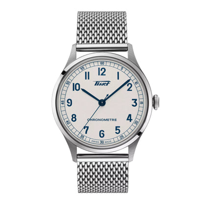 Silver watch with a white face and blue hands on a white background