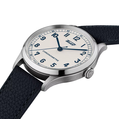 Watch with black strap and silver case on a white background