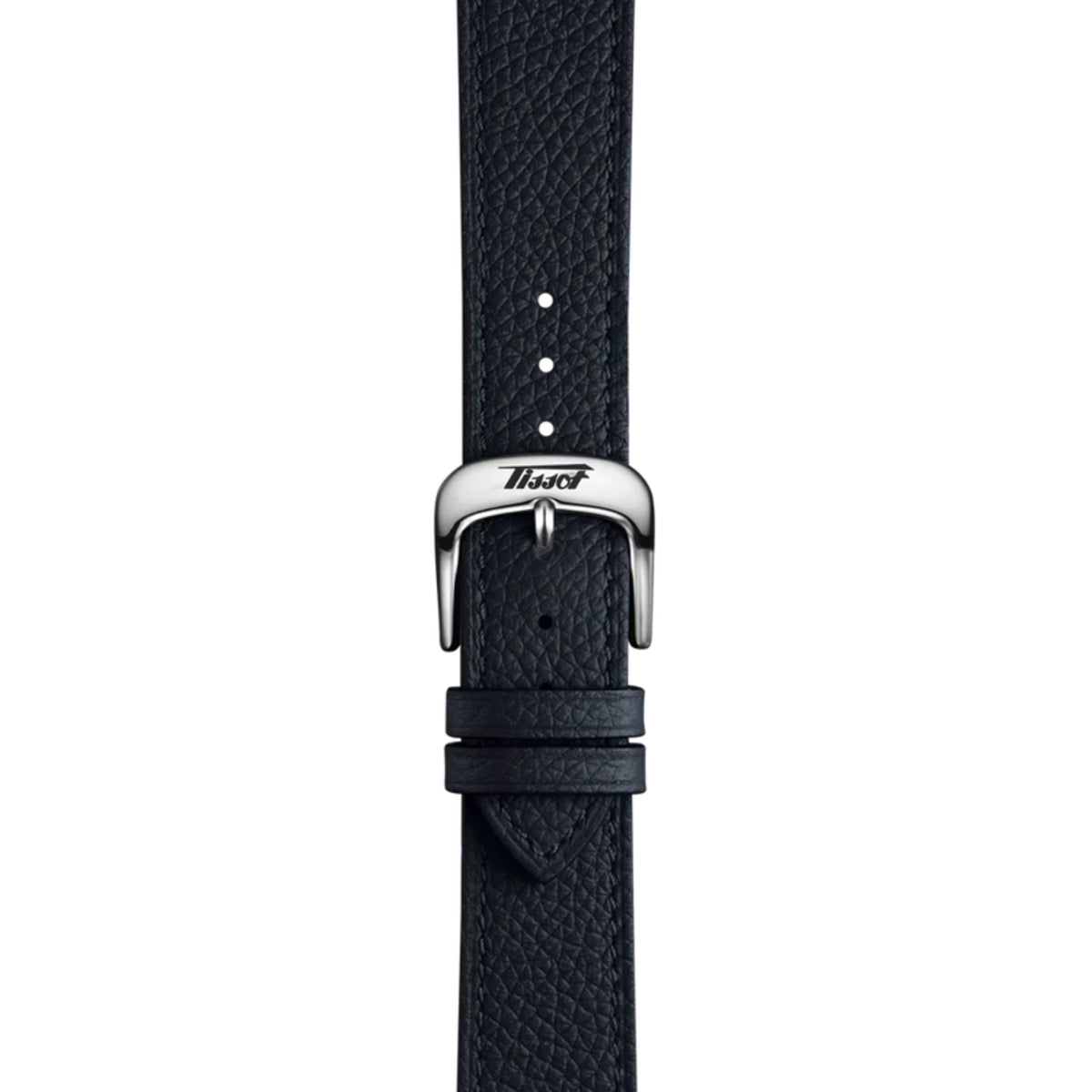 Black leather watch strap with silver buckle on a white background