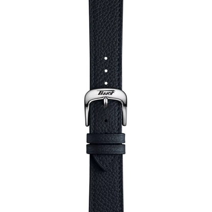 Black leather watch strap with silver buckle on a white background