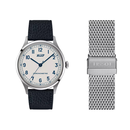 Tissot watch with black strap and silver mesh band on a white background