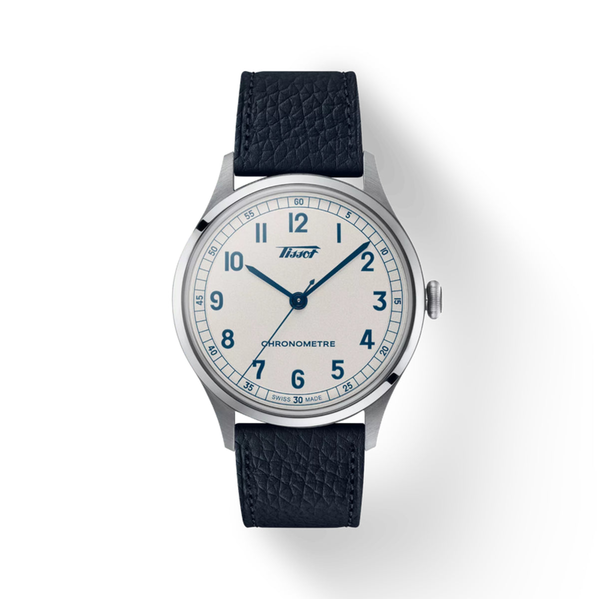 Watch with black strap and white face on a light gray background