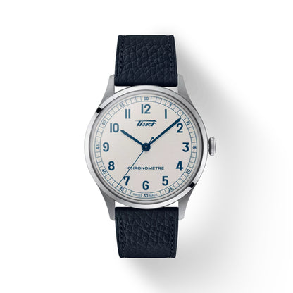 Watch with black strap and white face on a light gray background
