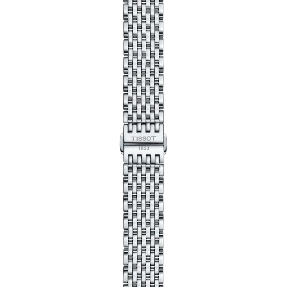 Silver watch strap with Tissot logo on a white background