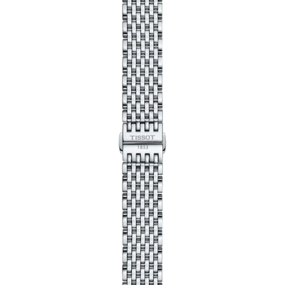 Silver watch strap with Tissot logo on a white background