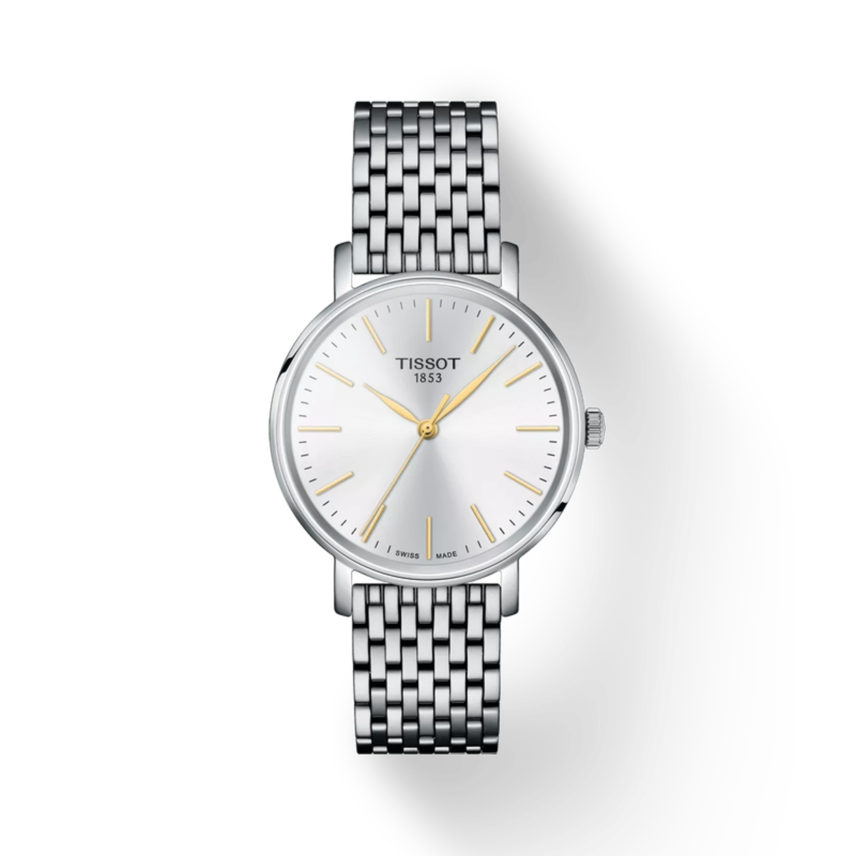 Silver Tissot watch with a white face on a white background