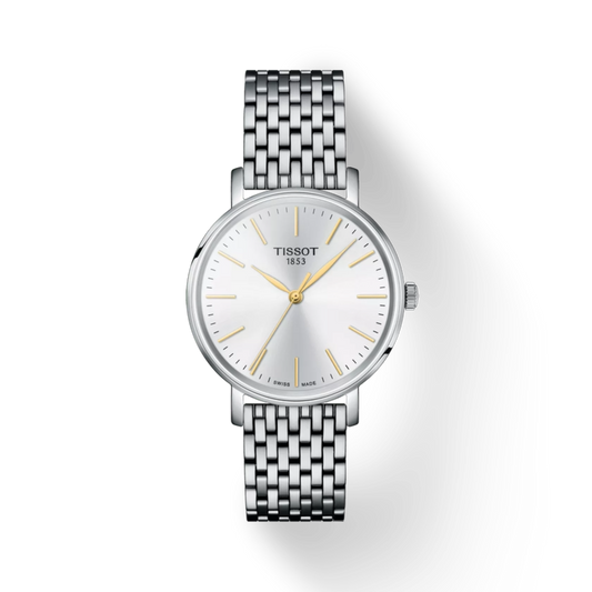 Silver Tissot watch with a white face on a white background