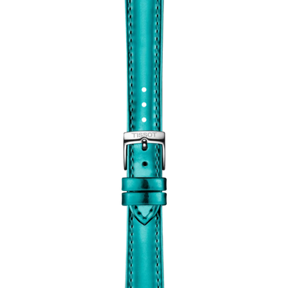 Teal watch strap with Tissot logo on a white background