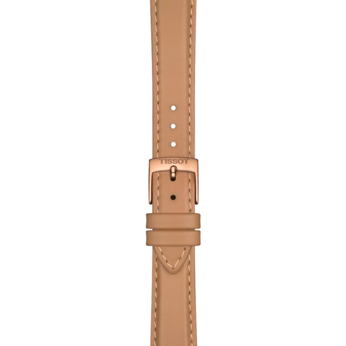 Tan leather watch strap with rose gold buckle on a white background