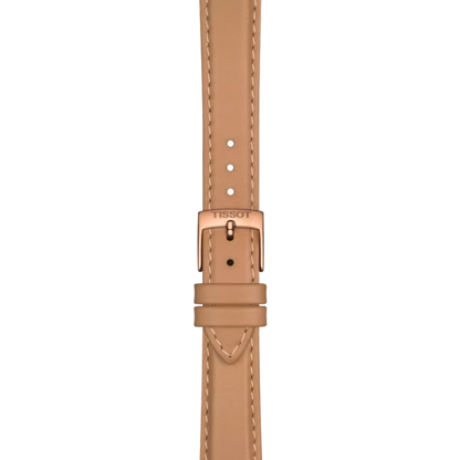 Tan leather watch strap with rose gold buckle on a white background