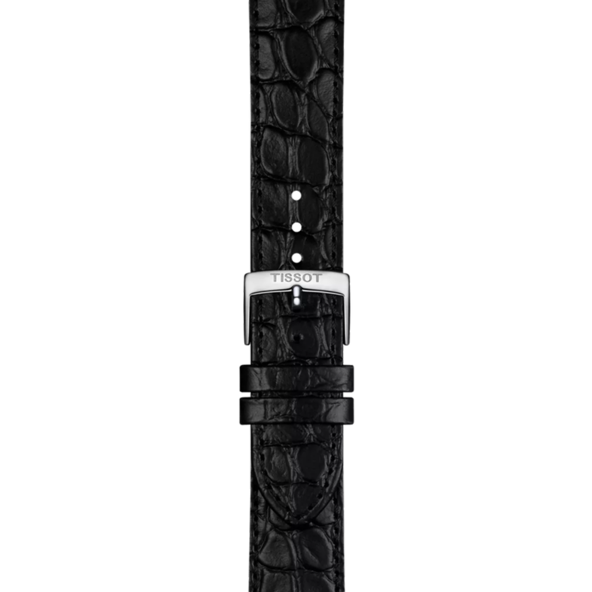 Black crocodile-patterned watch strap with Tissot logo on a white background