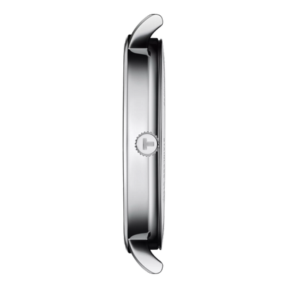 Silver watch case on a white background