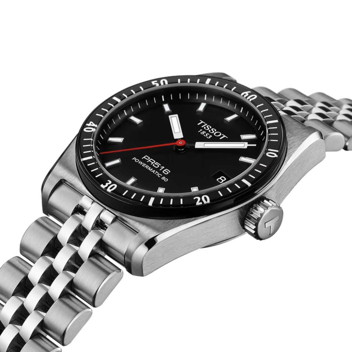 Tissot watch with black dial and silver metal bracelet on a white background