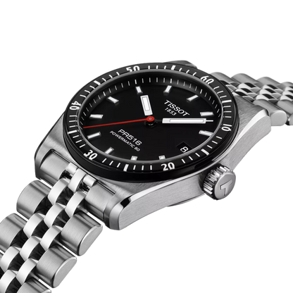 Tissot watch with black dial and silver metal bracelet on a white background