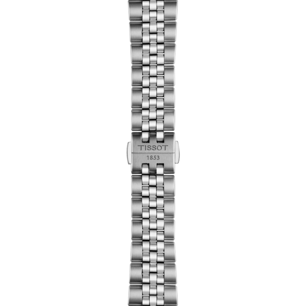 Silver watch bracelet with Tissot logo on a white background