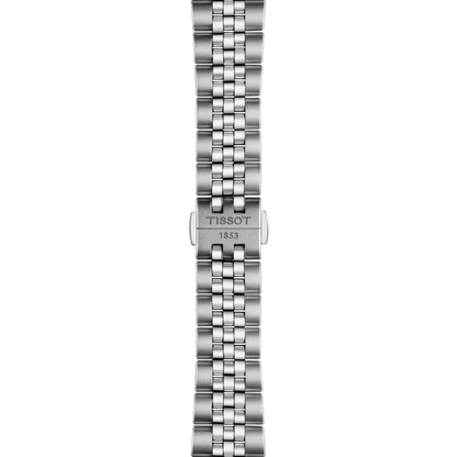 Silver watch bracelet with Tissot logo on a white background