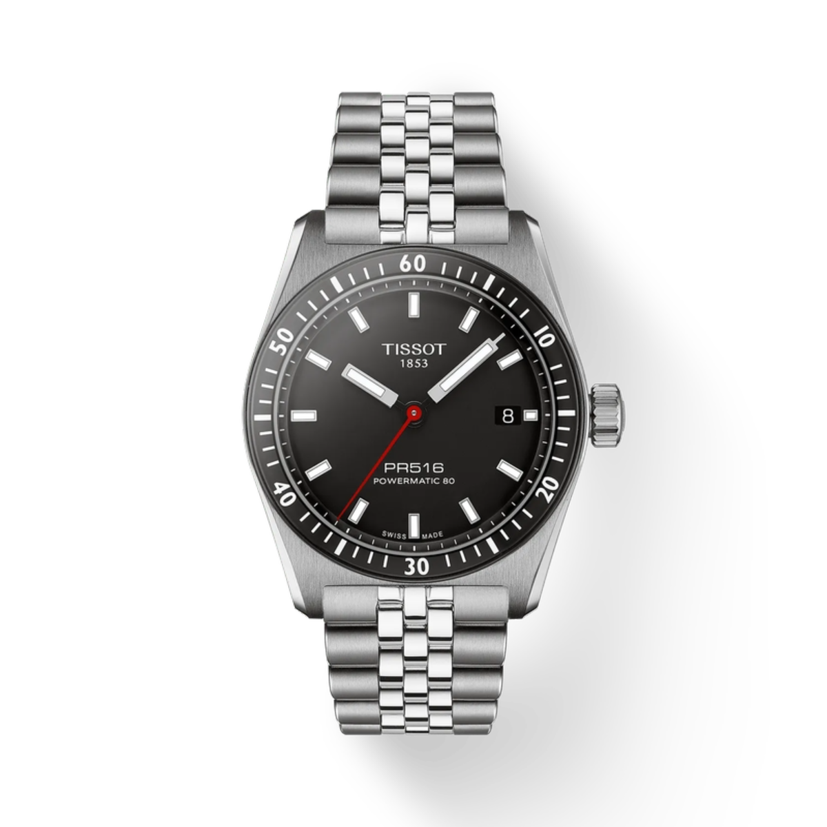 Tissot watch with silver bracelet and black dial on a white background