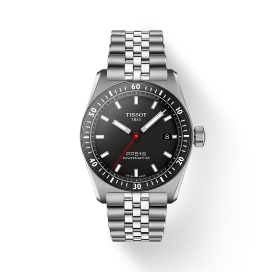 Tissot watch with silver bracelet and black dial on a white background