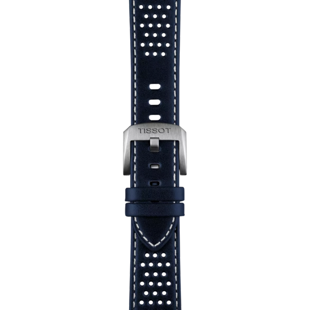 Navy blue watch strap with white stitching on a white background
