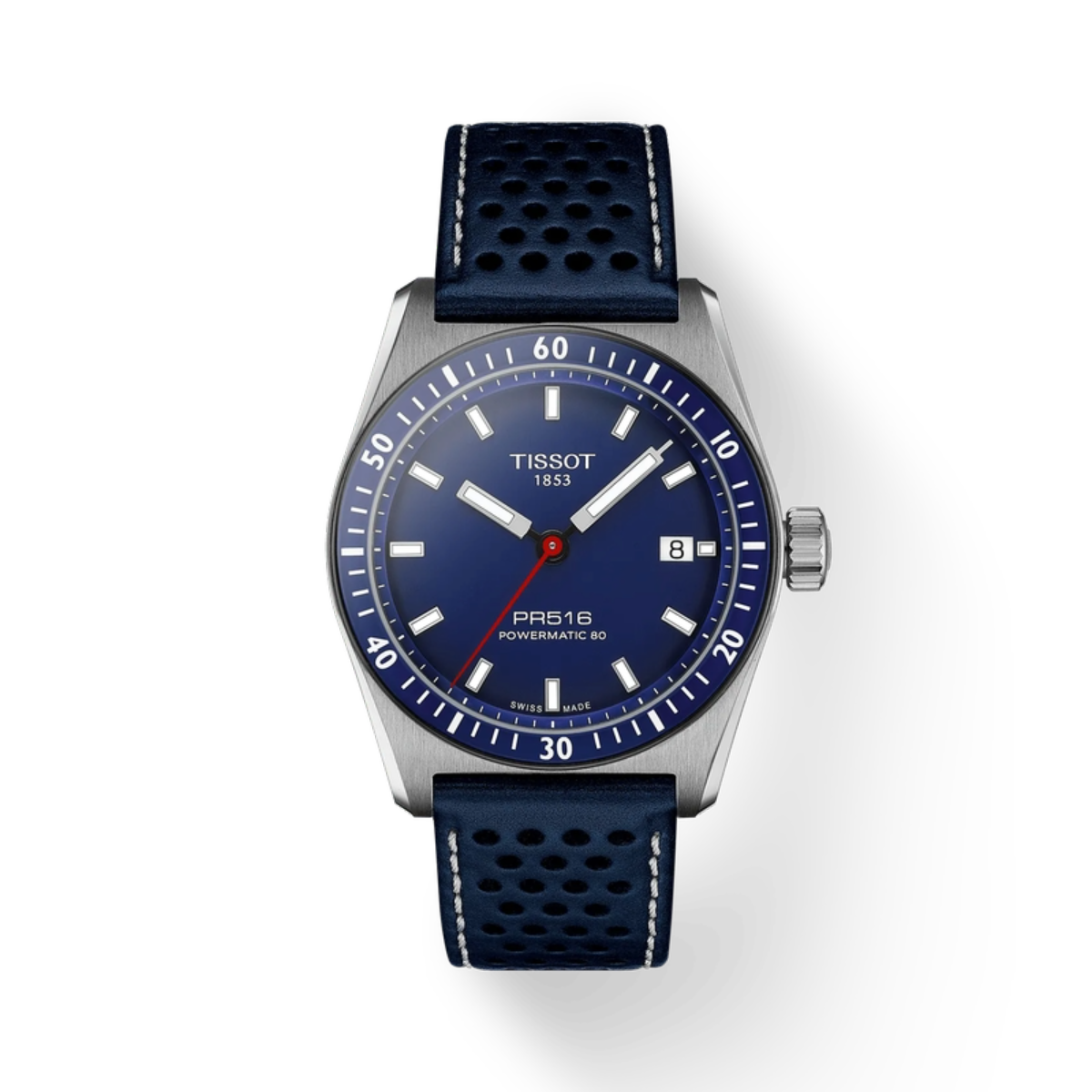 Tissot watch with blue strap and face on a white background