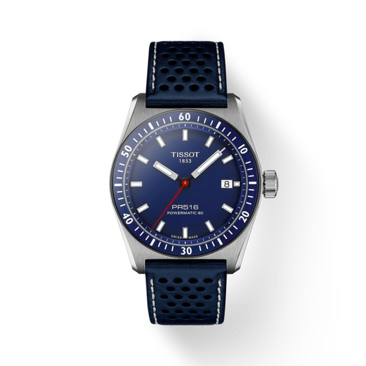 Tissot watch with blue strap and face on a white background