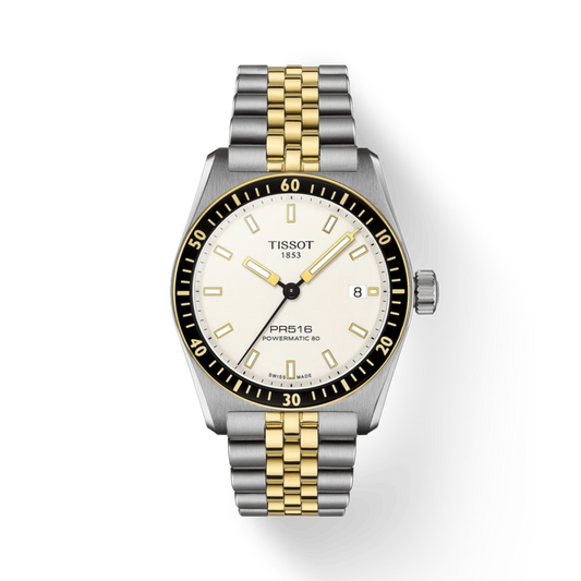 Two-tone Tissot watch with gold and silver bracelet on a white background
