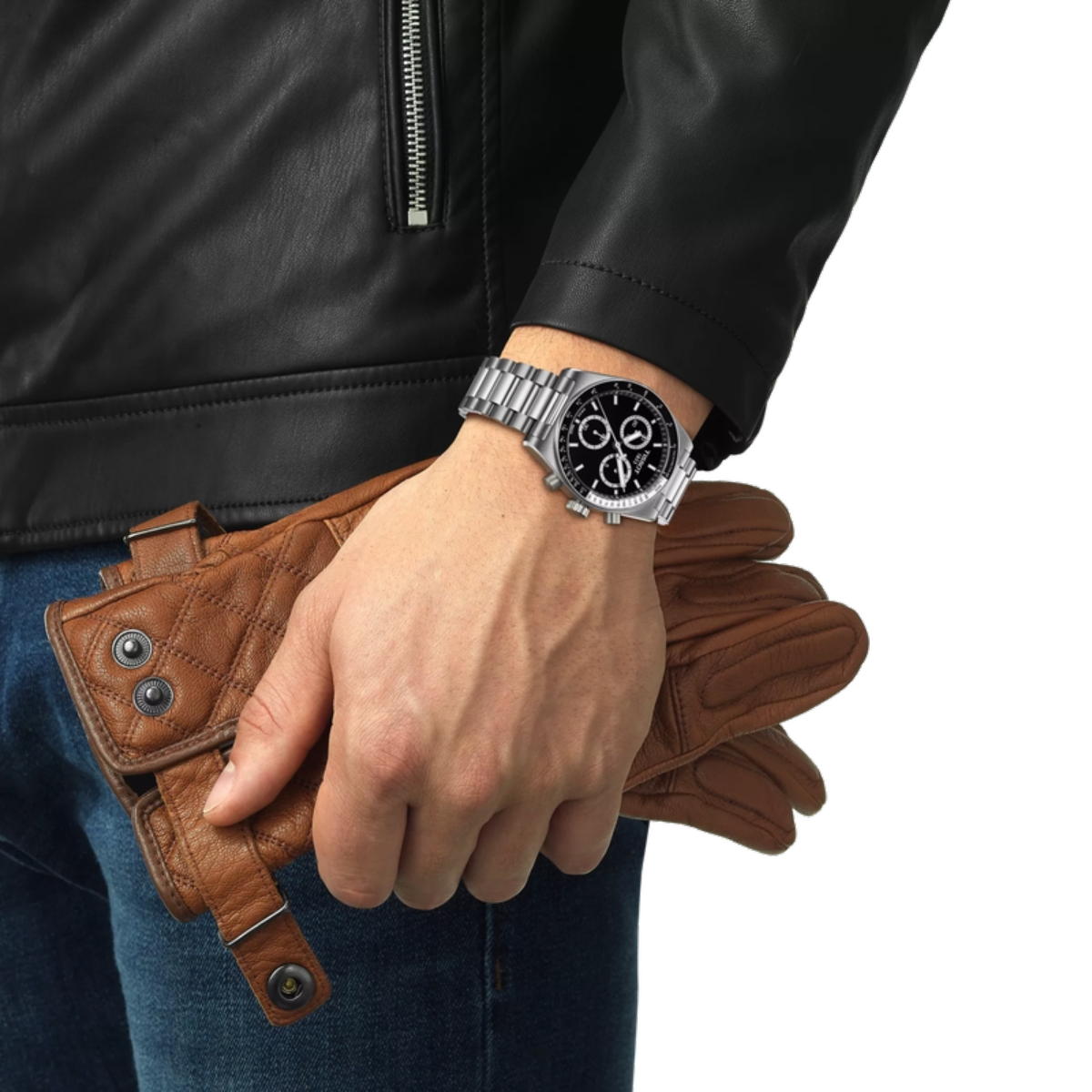 Hand wearing a silver watch with a brown leather wallet and glove, against a white background