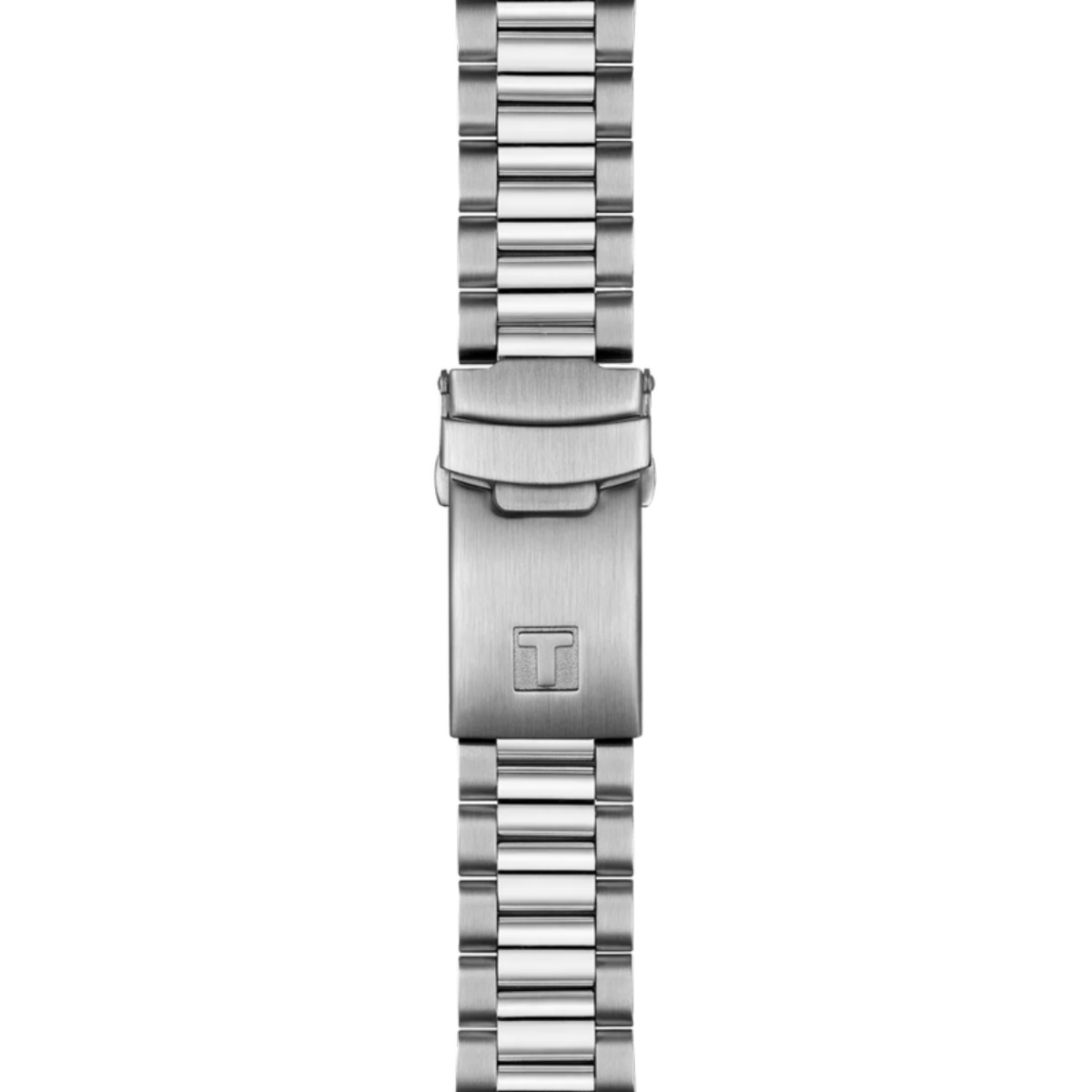 Silver watch strap with brand logo on a white background