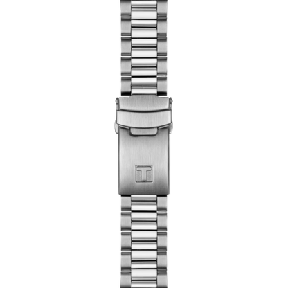 Silver watch strap with brand logo on a white background